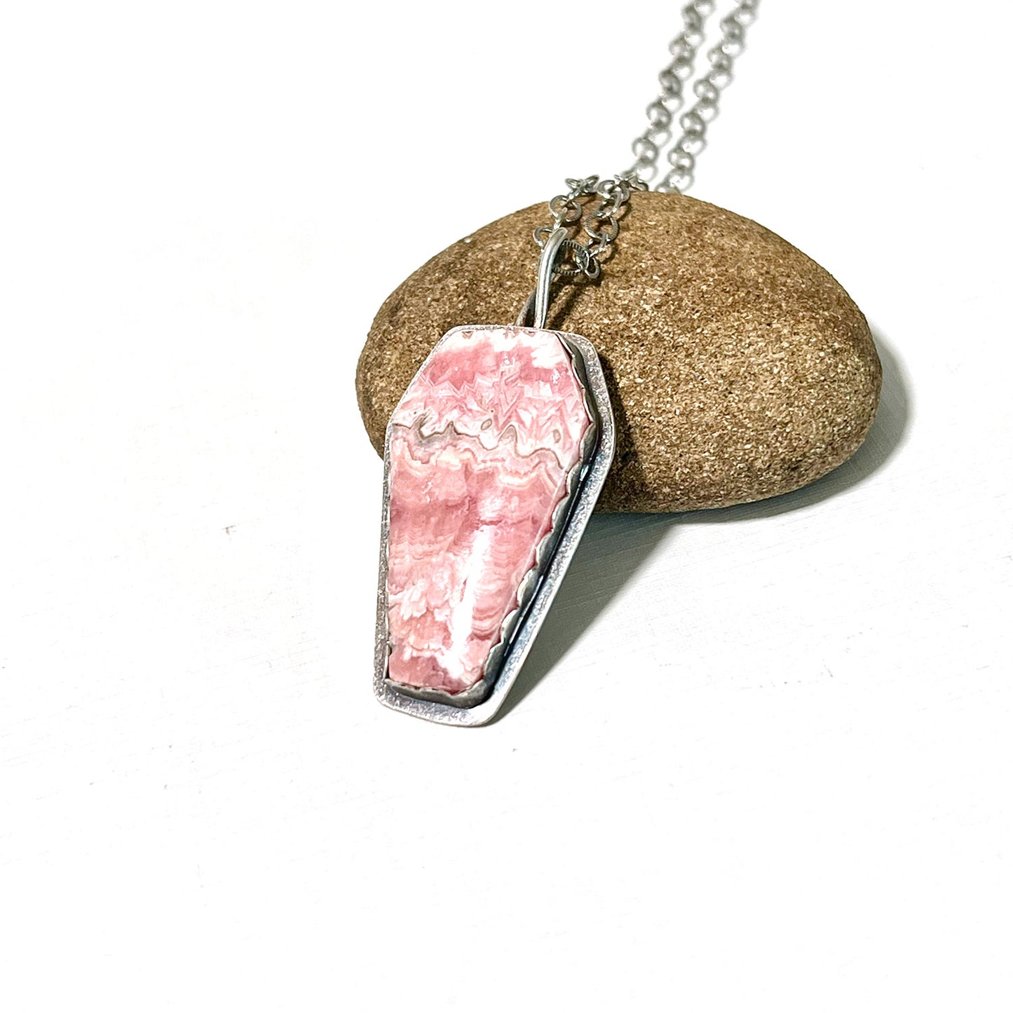 STERLING SILVER RHODOCROSITE COFFIN NECKLACE - UNCONDITIONAL LOVE TALISMAN