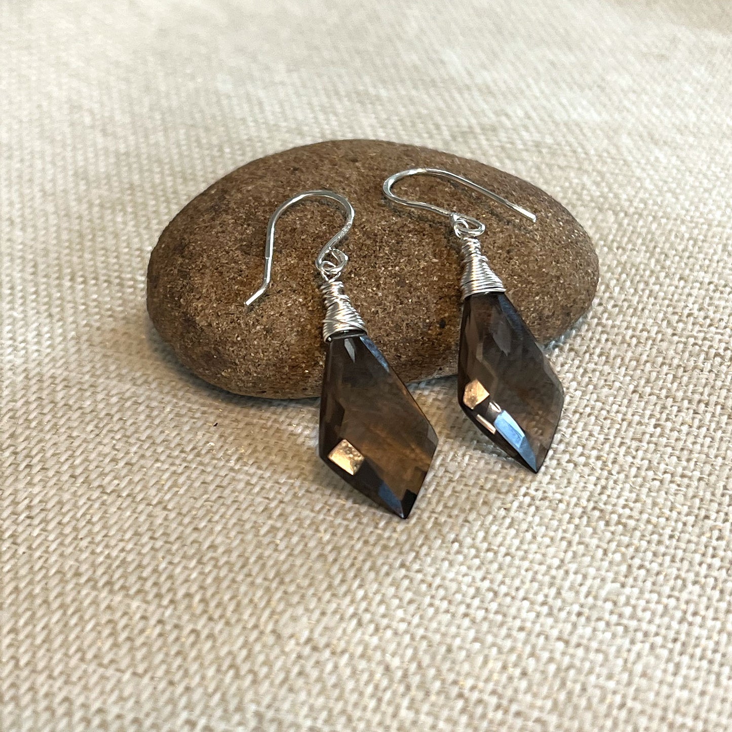 STERLING SILVER SMOKEY QUARTZ KITE EARRINGS - GOOD LUCK TALISMAN