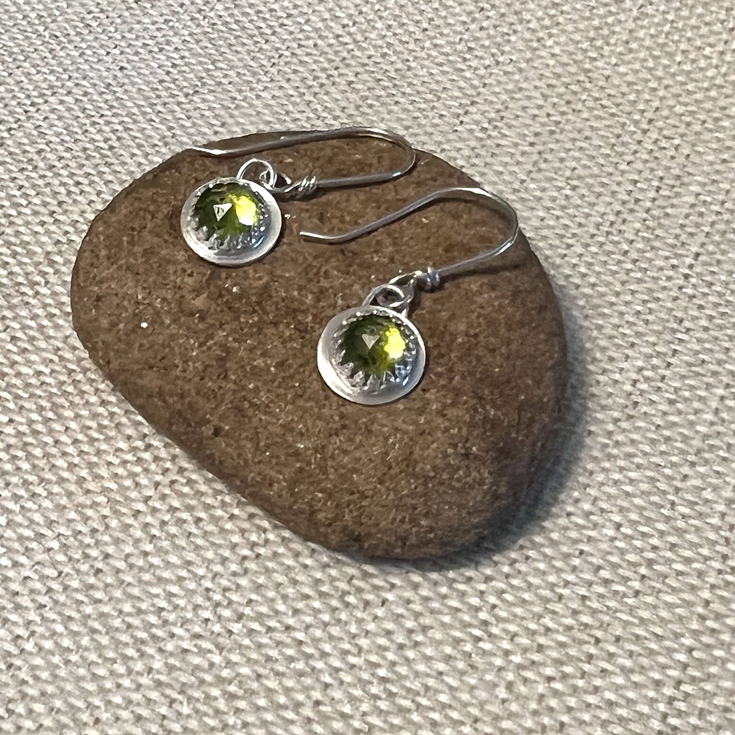 STERLING SILVER PERIDOT BEZEL EARRINGS - WARMTH AND ABUNDANCE TALISMAN
