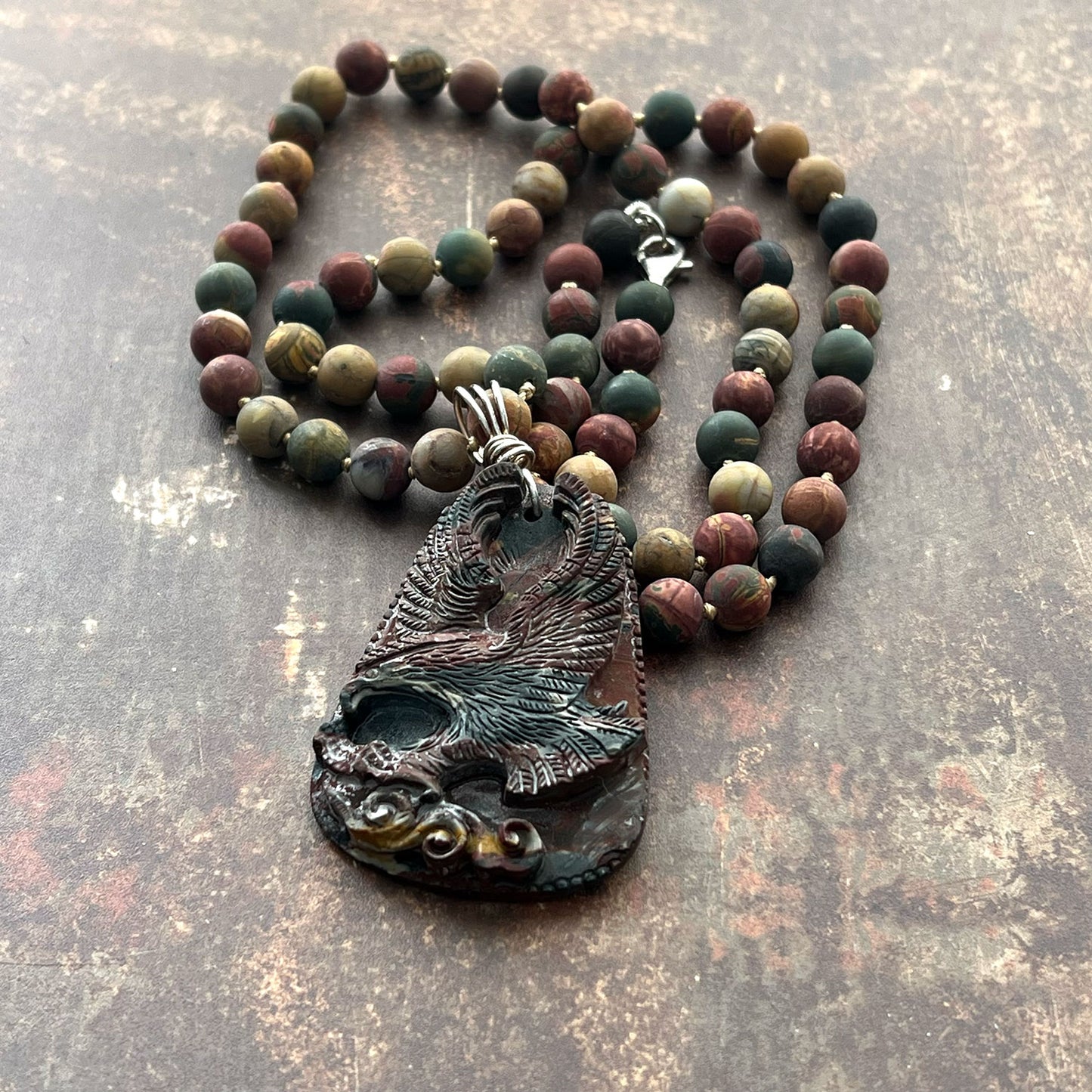 STERLING SILVER CARVED PICASSO JASPER EAGLE NECKLACE - VISIONARY TALISMAN