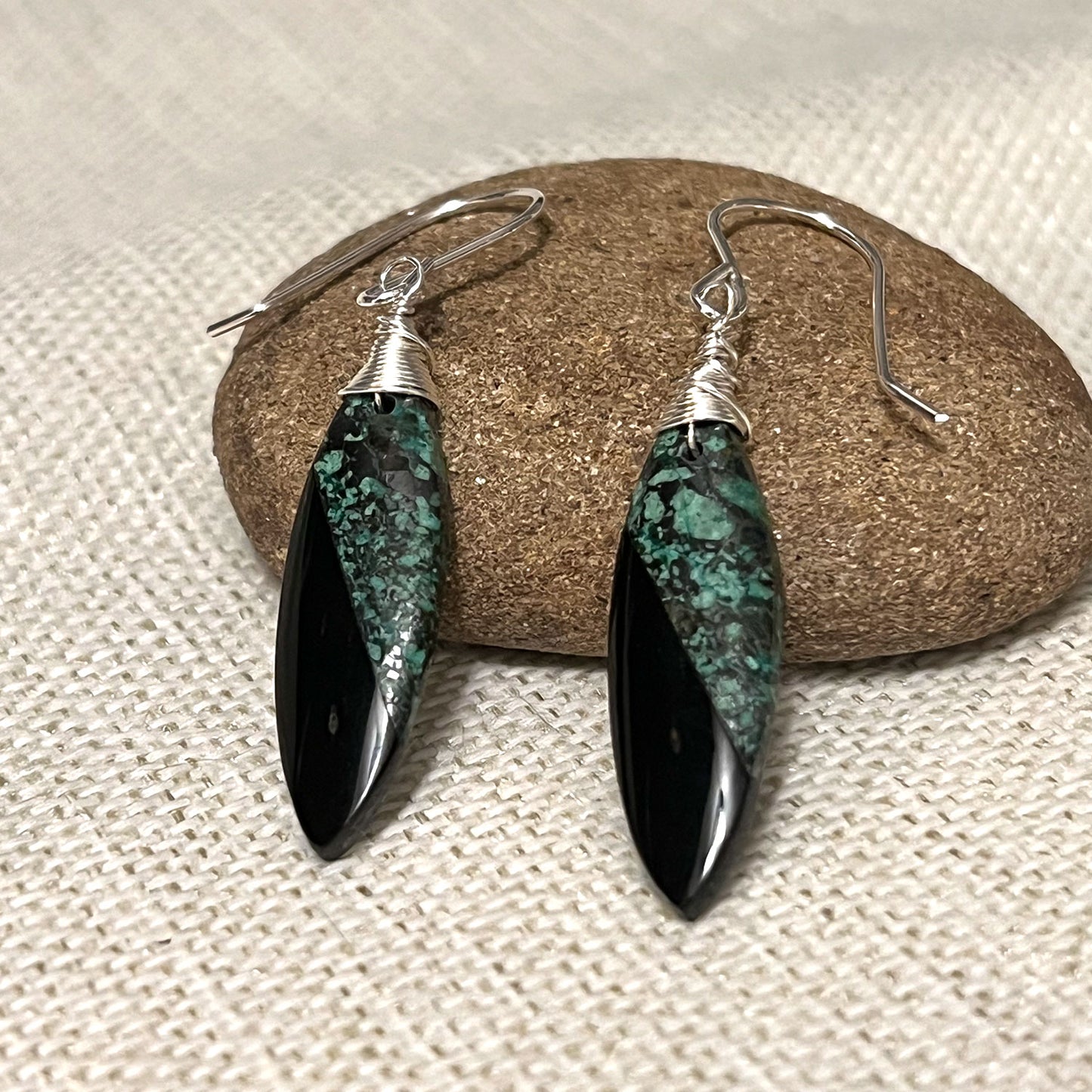 STERLING SILVER OBSIDIAN AFRICAN TURQUOISE INTARSIA EARRINGS - LIGHT INTO DARKNESS TALISMAN