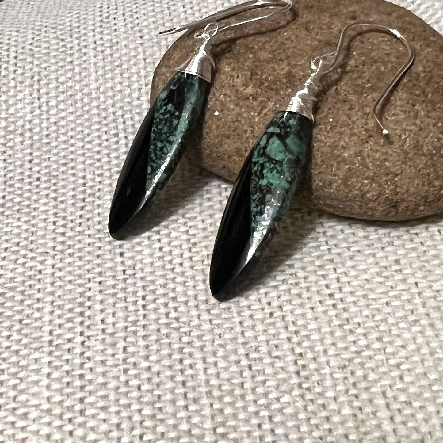 STERLING SILVER OBSIDIAN AFRICAN TURQUOISE INTARSIA EARRINGS - LIGHT INTO DARKNESS TALISMAN
