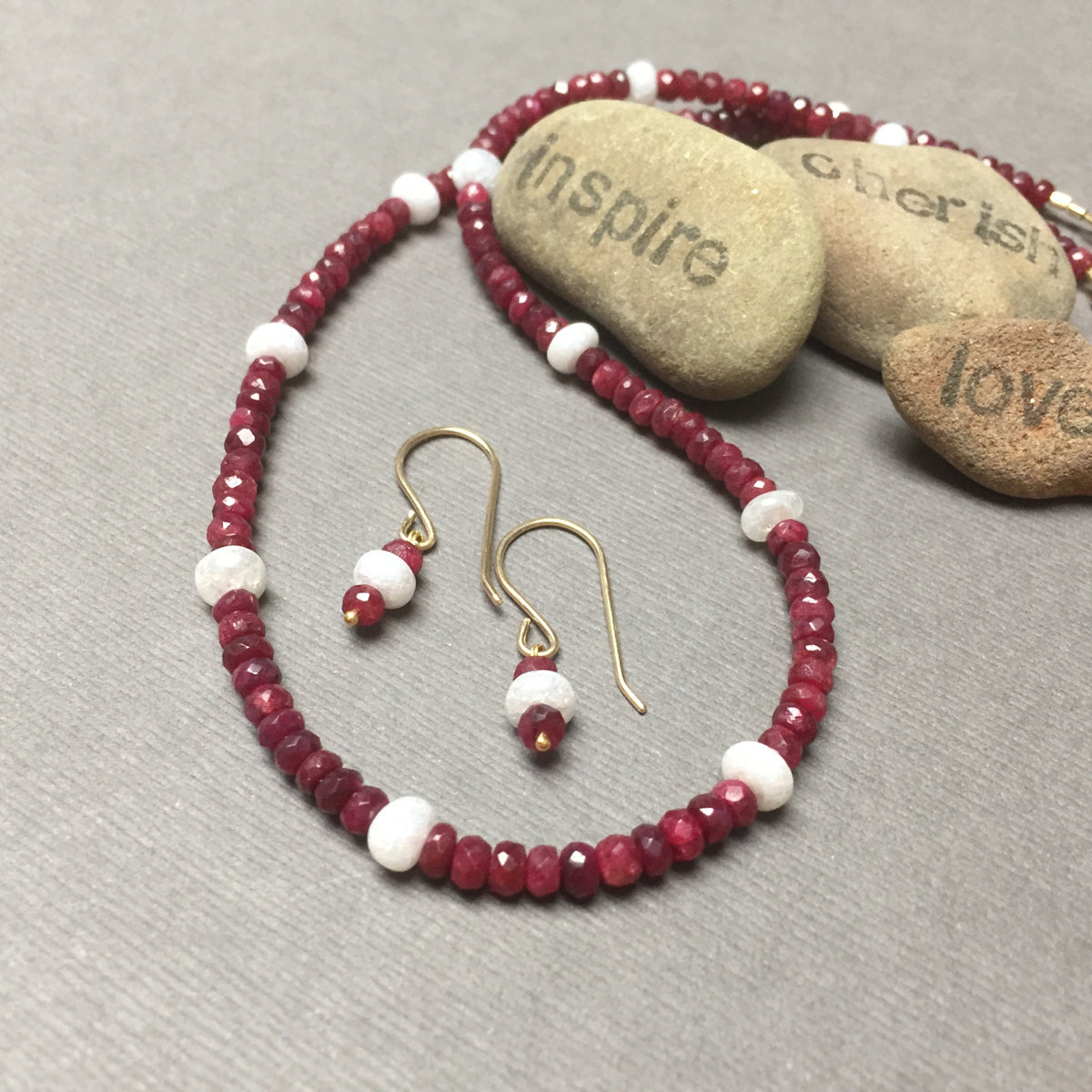 14K GOLD RUBY SILVERITE NECKLACE EARRINGS - NOBLE GRACE TALISMAN