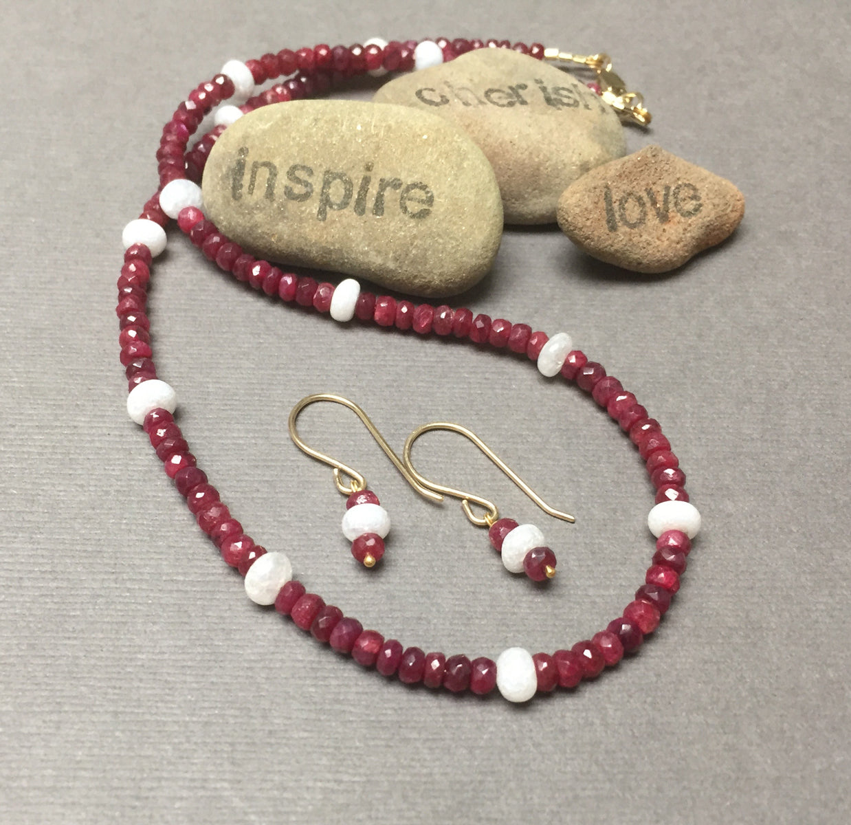 14K GOLD RUBY SILVERITE NECKLACE EARRINGS - NOBLE GRACE TALISMAN