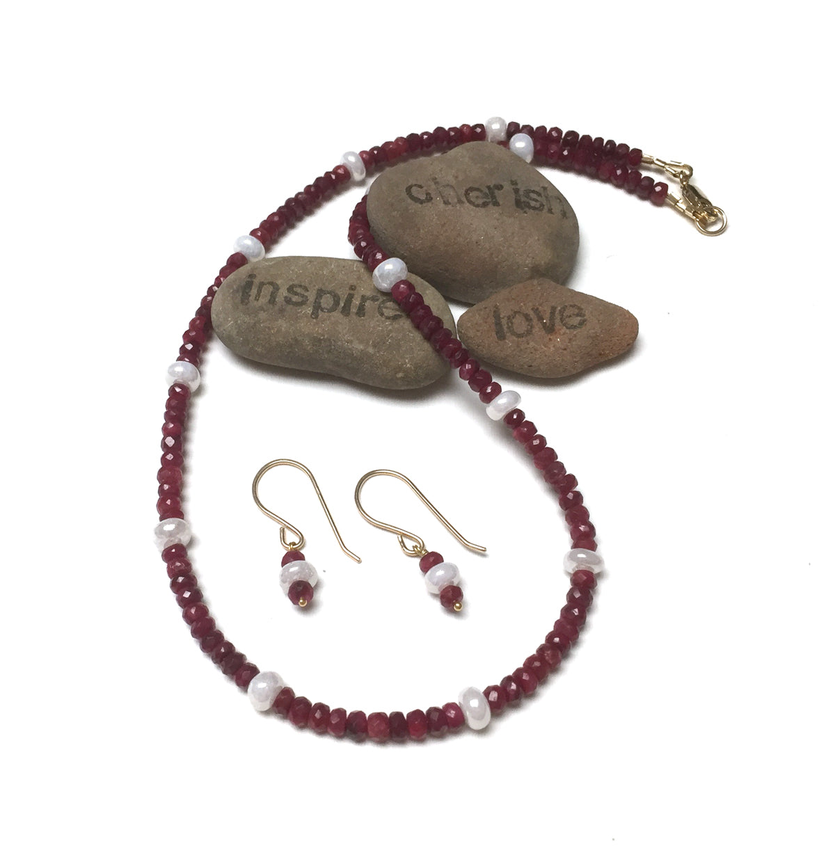 14K GOLD RUBY SILVERITE NECKLACE EARRINGS - NOBLE GRACE TALISMAN