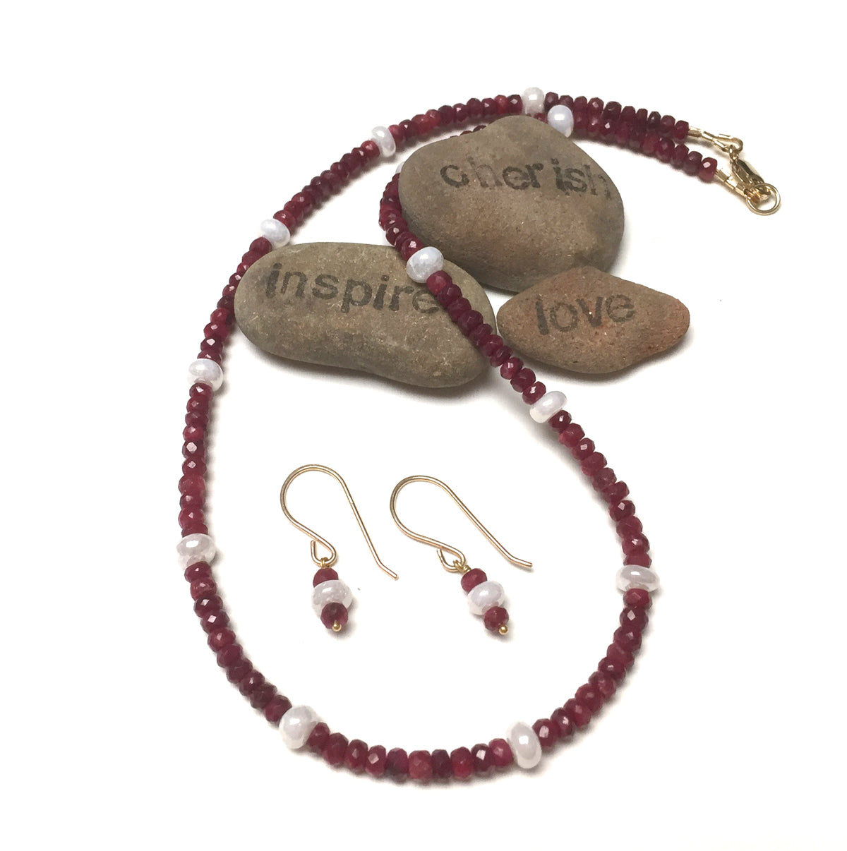 14K GOLD RUBY SILVERITE NECKLACE EARRINGS - NOBLE GRACE TALISMAN