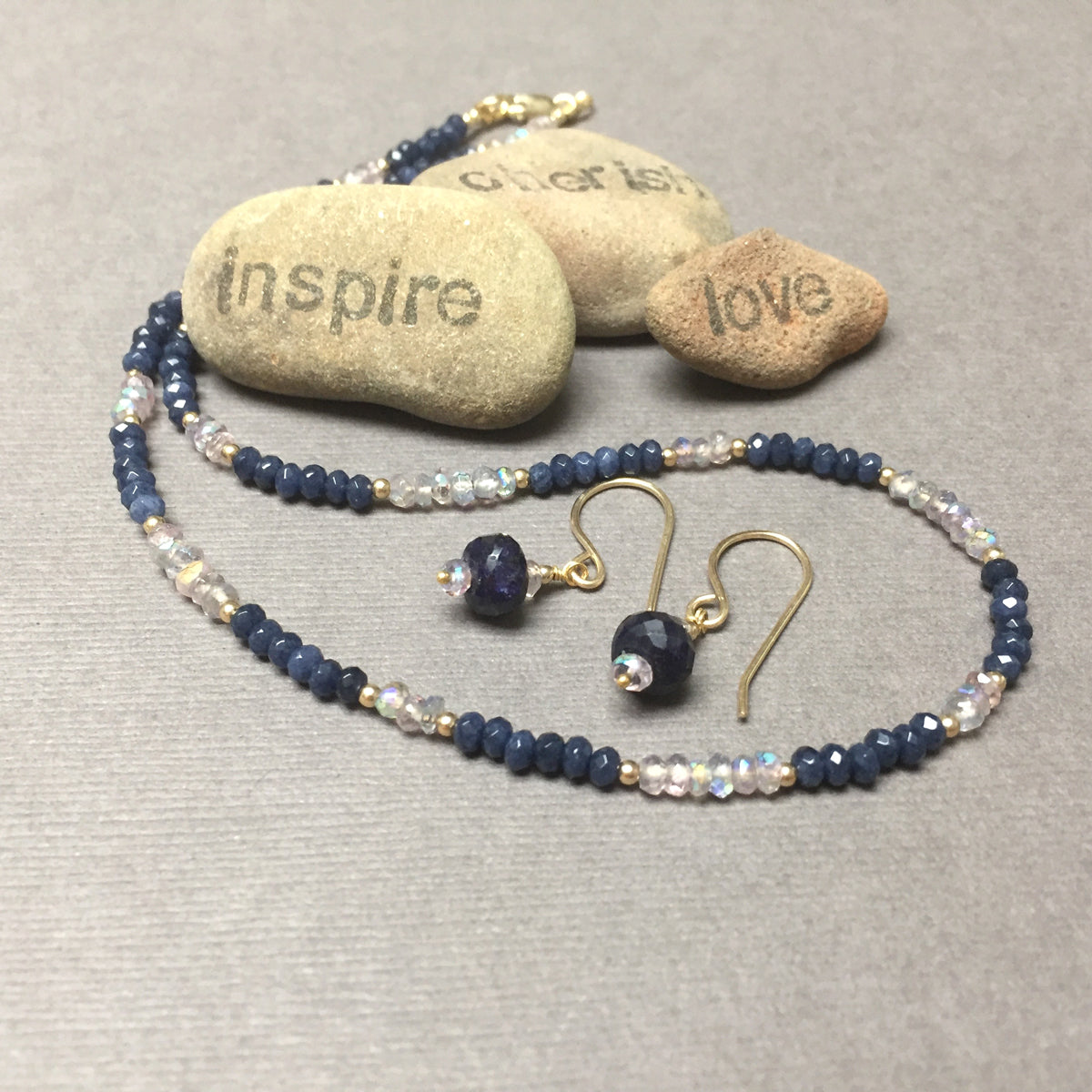 14K GOLD BLUE SAPPHIRE MYSTIC PINK AMETHYST NECKLACE EARRINGS - EARTH KEEPER TALISMAN