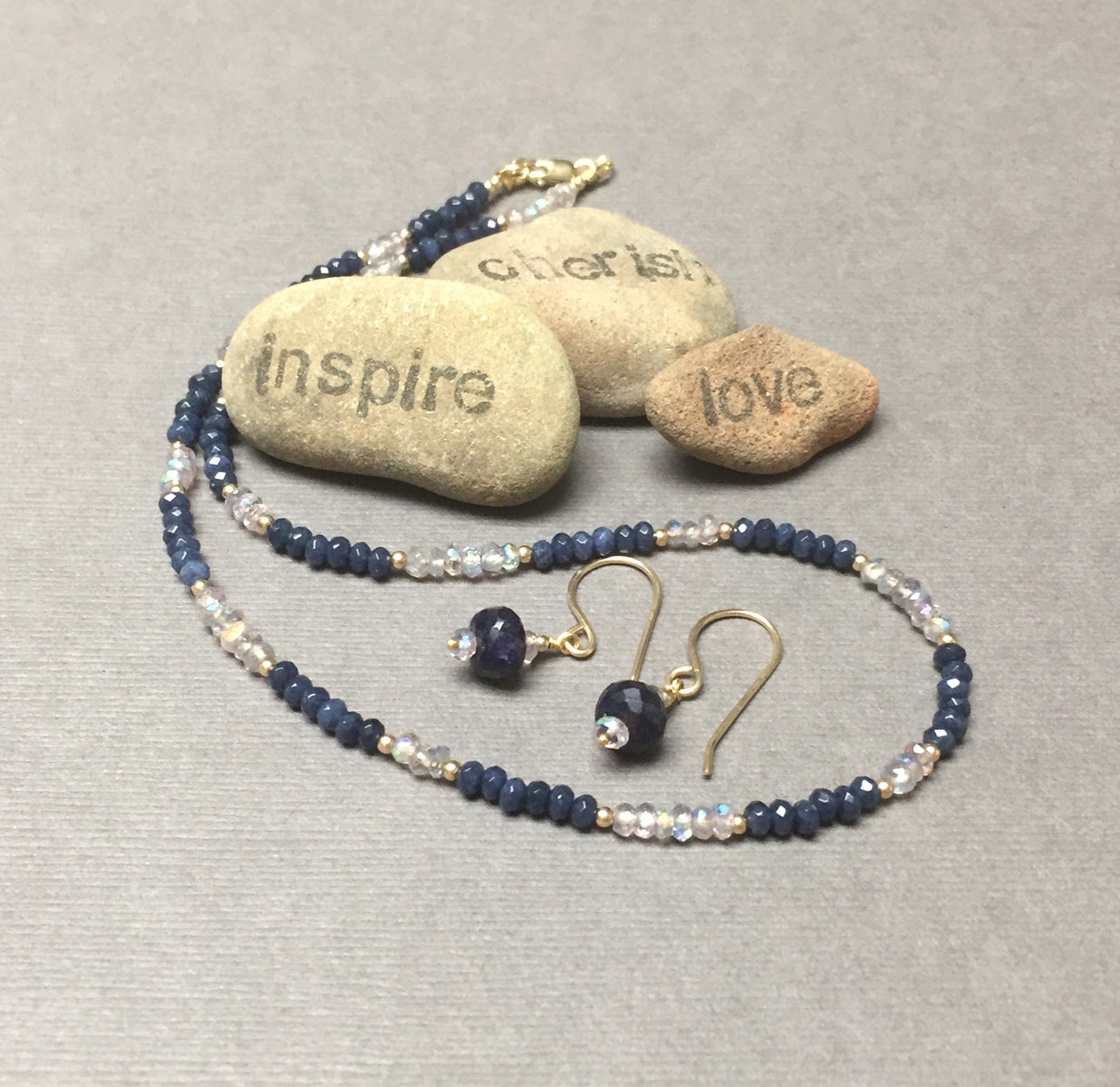 14K GOLD BLUE SAPPHIRE MYSTIC PINK AMETHYST NECKLACE EARRINGS - EARTH KEEPER TALISMAN