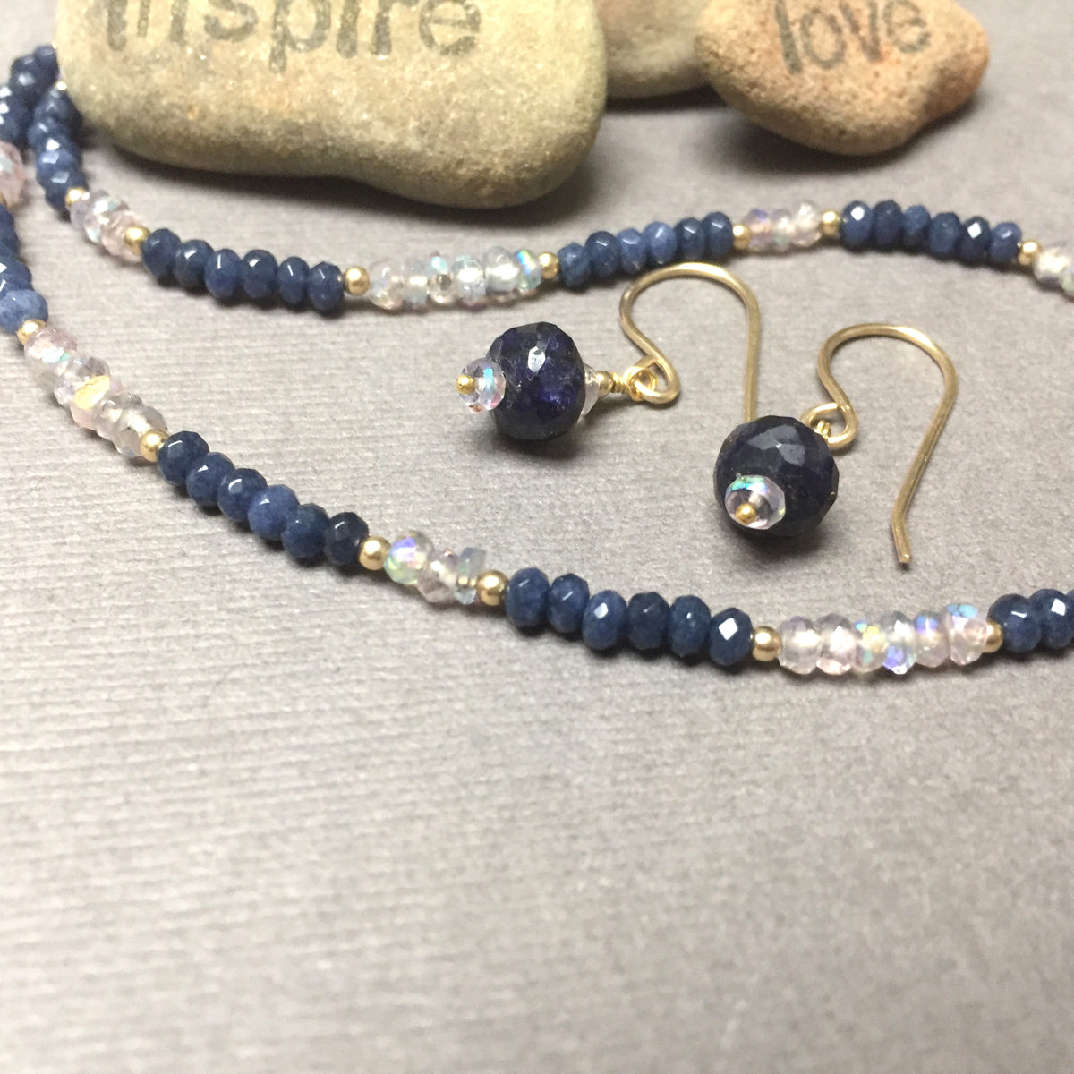 14K GOLD BLUE SAPPHIRE MYSTIC PINK AMETHYST NECKLACE EARRINGS - EARTH KEEPER TALISMAN
