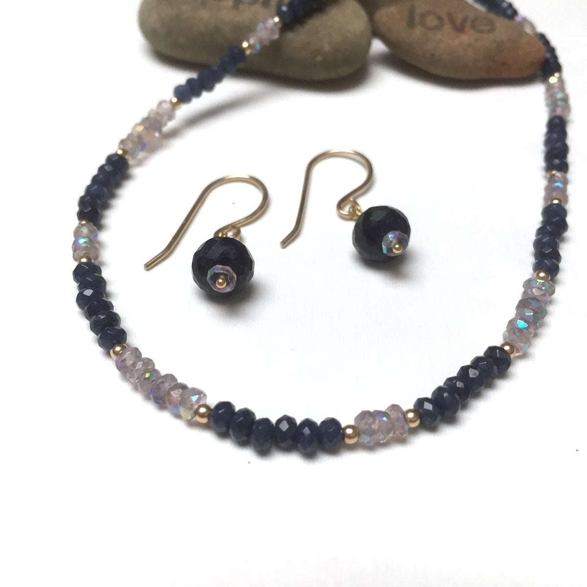 14K GOLD BLUE SAPPHIRE MYSTIC PINK AMETHYST NECKLACE EARRINGS - EARTH KEEPER TALISMAN