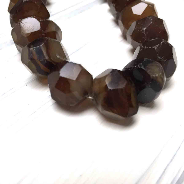 LARGE CHALCEDONY ROUGH FACETED BEADS. DARK AMBER BROWN. 15MM-18MM. 5 BEADS.