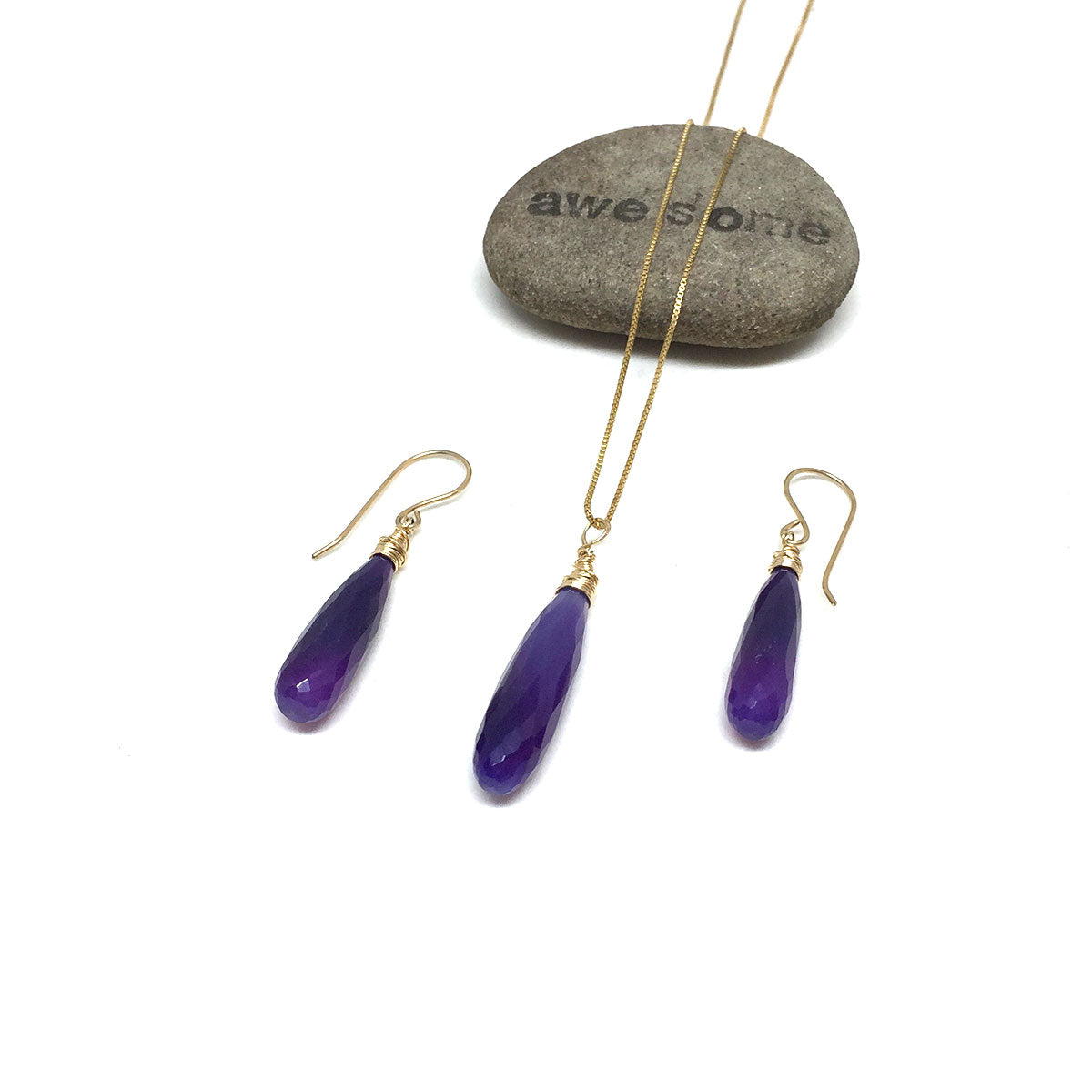 CHALCEDONY LONG DROP NECKLACE EARRINGS (SS/GF/RGF) - GOOD WILL TALISMAN