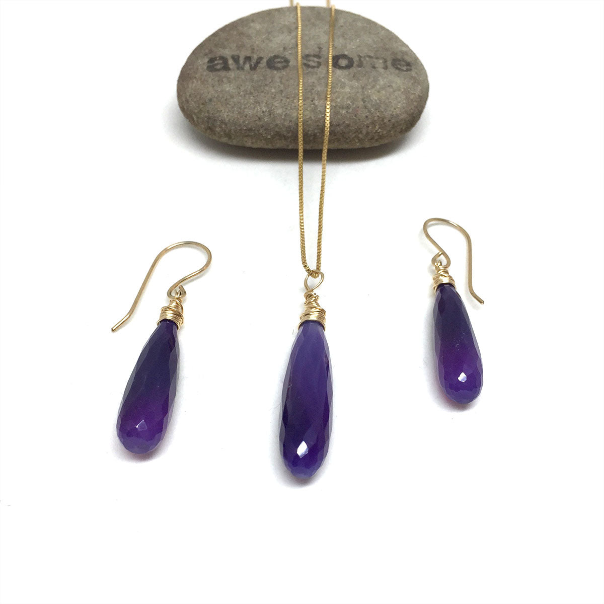 CHALCEDONY LONG DROP NECKLACE EARRINGS (SS/GF/RGF) - GOOD WILL TALISMAN