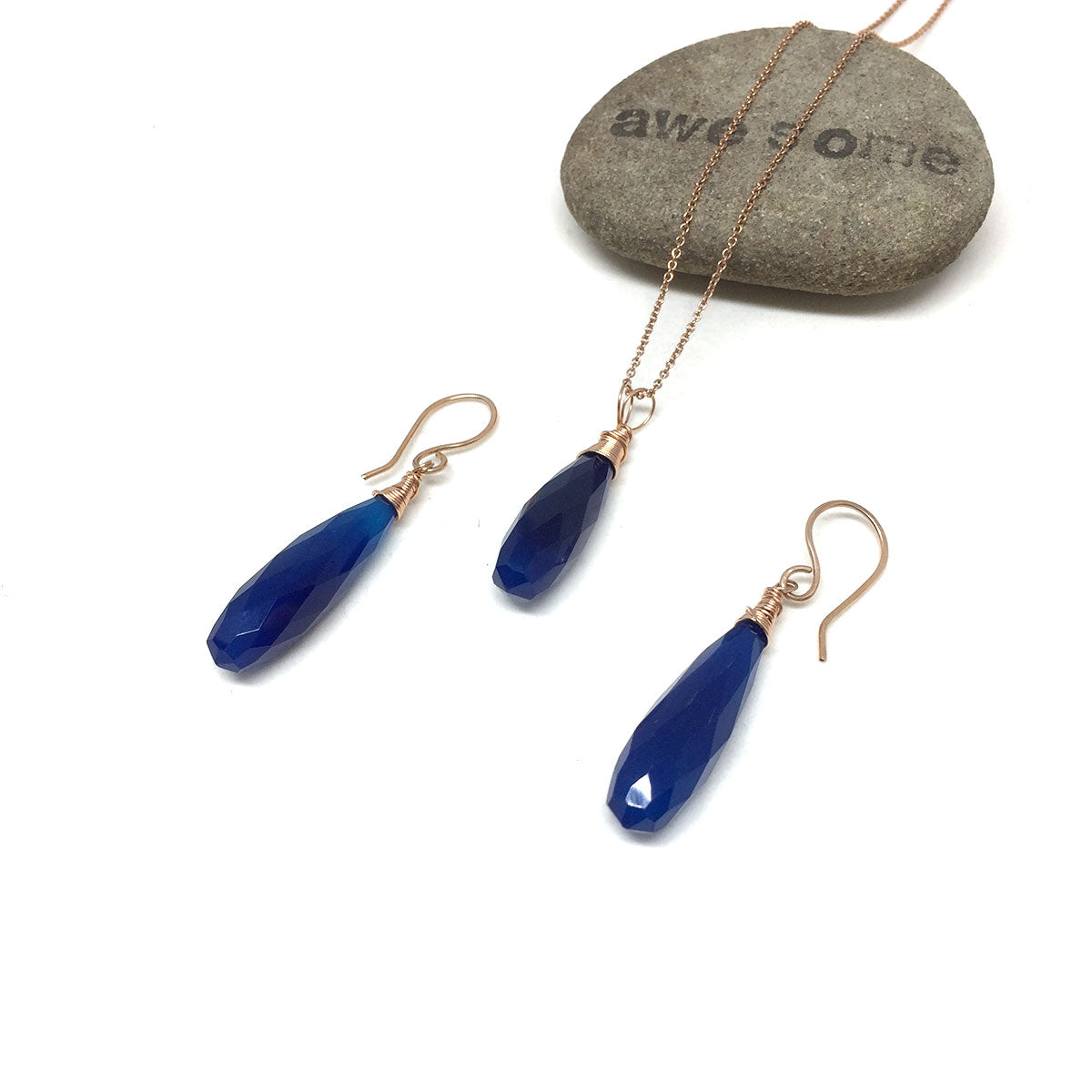 CHALCEDONY LONG DROP NECKLACE EARRINGS (SS/GF/RGF) - GOOD WILL TALISMAN