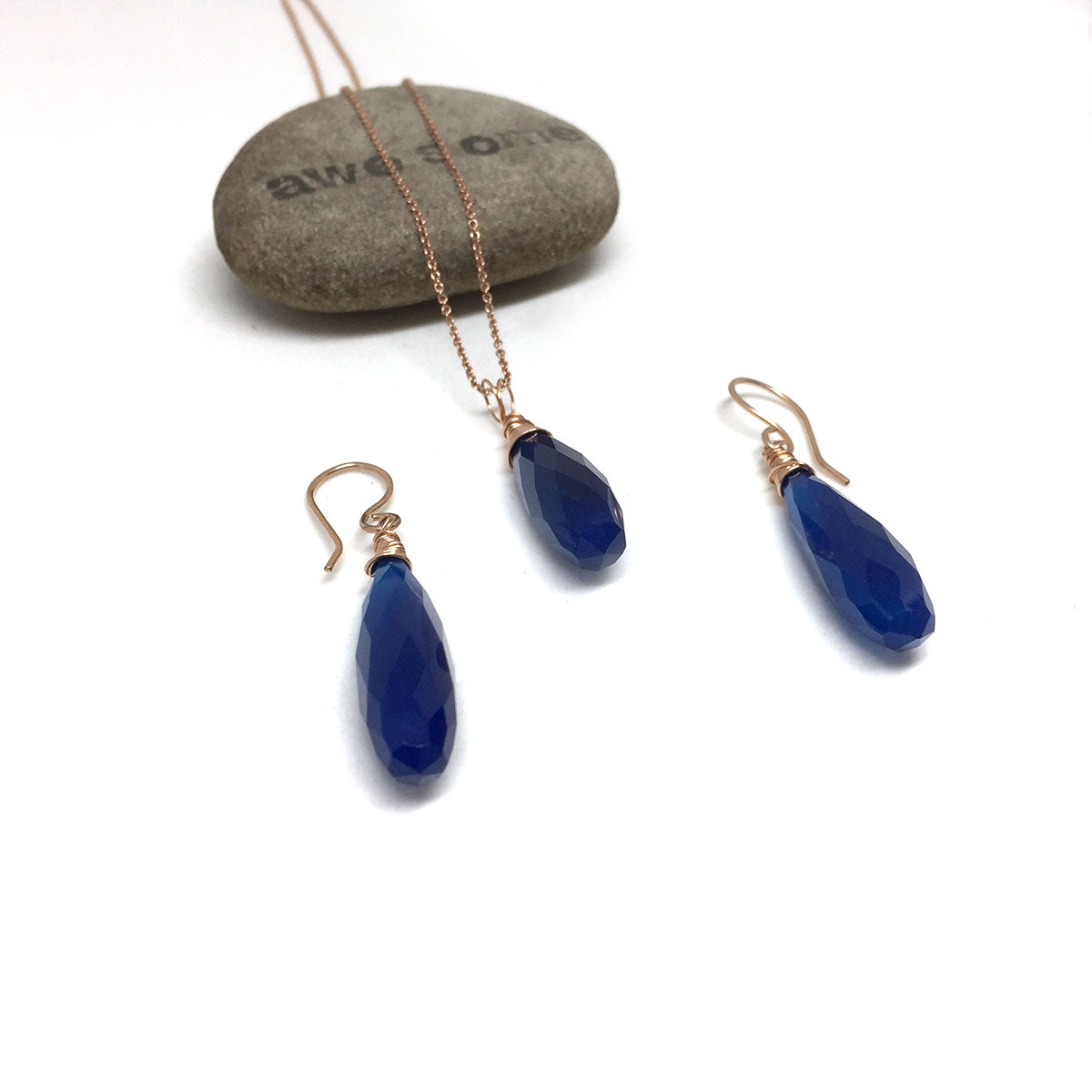 CHALCEDONY LONG DROP NECKLACE EARRINGS (SS/GF/RGF) - GOOD WILL TALISMAN