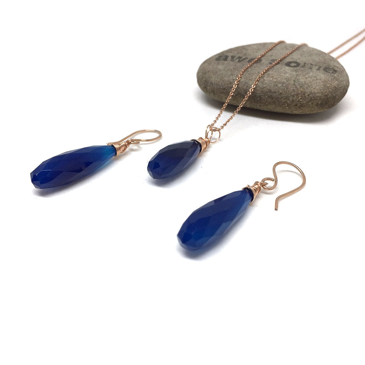 CHALCEDONY LONG DROP NECKLACE EARRINGS (SS/GF/RGF) - GOOD WILL TALISMAN