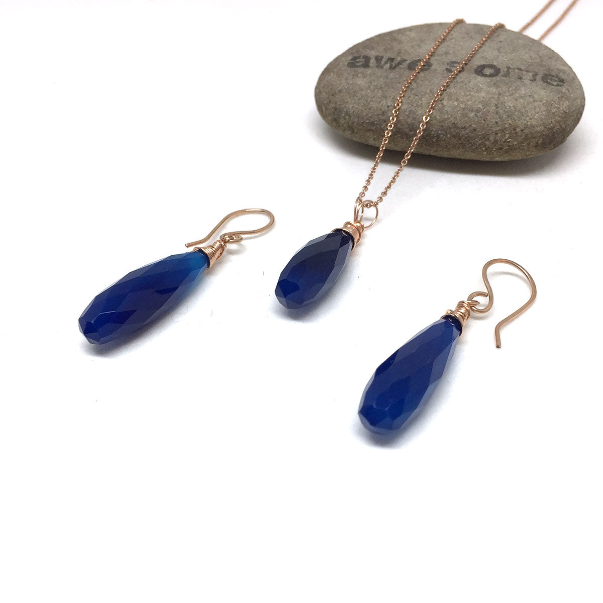 CHALCEDONY LONG DROP NECKLACE EARRINGS (SS/GF/RGF) - GOOD WILL TALISMAN