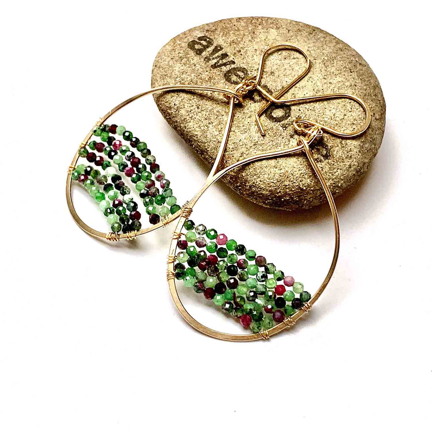 GEMSTONE BEADED OVAL HOOP EARRINGS - GEMSTONE TALISMAN EARRINGS