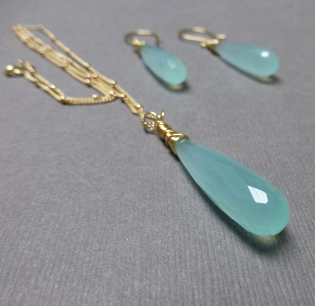 CHALCEDONY LONG DROP NECKLACE EARRINGS (SS/GF/RGF) - GOOD WILL TALISMAN