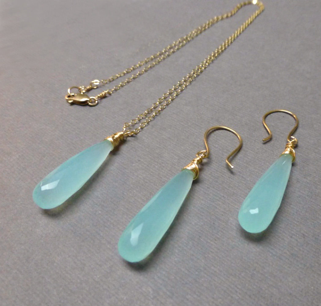 CHALCEDONY LONG DROP NECKLACE EARRINGS (SS/GF/RGF) - GOOD WILL TALISMAN
