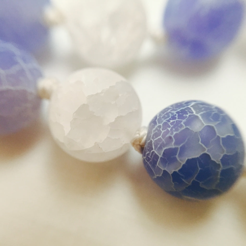 HAND SILK KNOTTED FROSTED AGATE ROCK CRYSTAL BLUE WHITE NECKLACE- PROTECTIVE EMBRACE TALISMAN