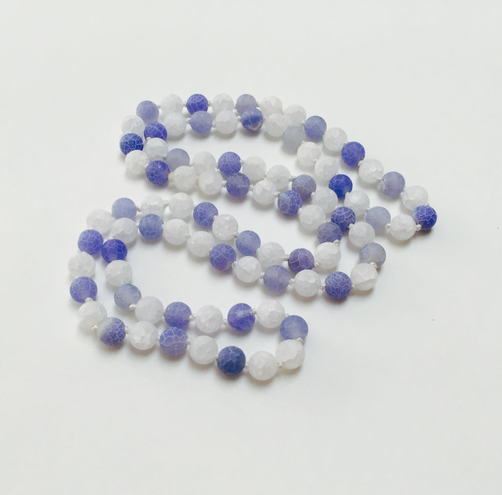 HAND SILK KNOTTED FROSTED AGATE ROCK CRYSTAL BLUE WHITE NECKLACE- PROTECTIVE EMBRACE TALISMAN