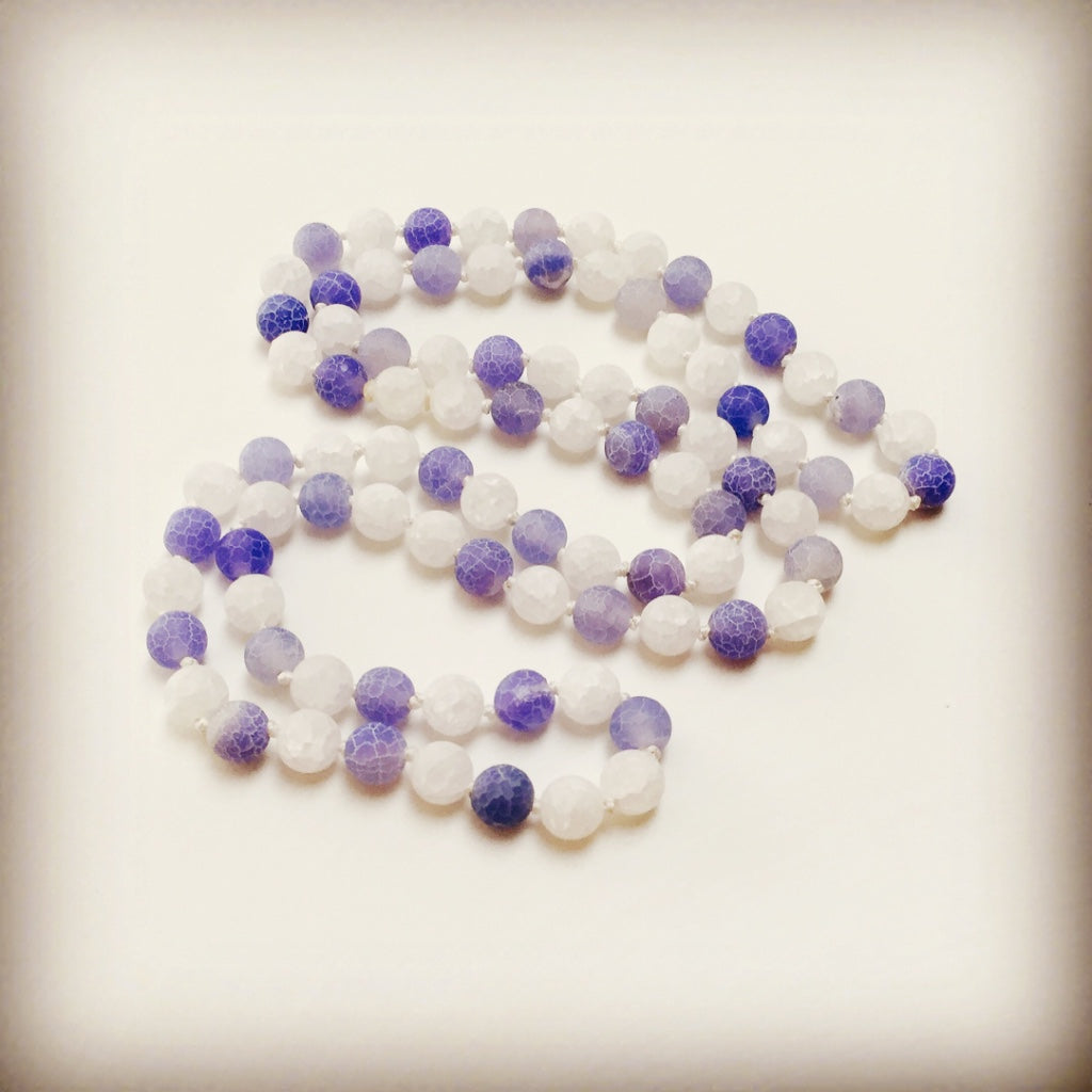 HAND SILK KNOTTED FROSTED AGATE ROCK CRYSTAL BLUE WHITE NECKLACE- PROTECTIVE EMBRACE TALISMAN