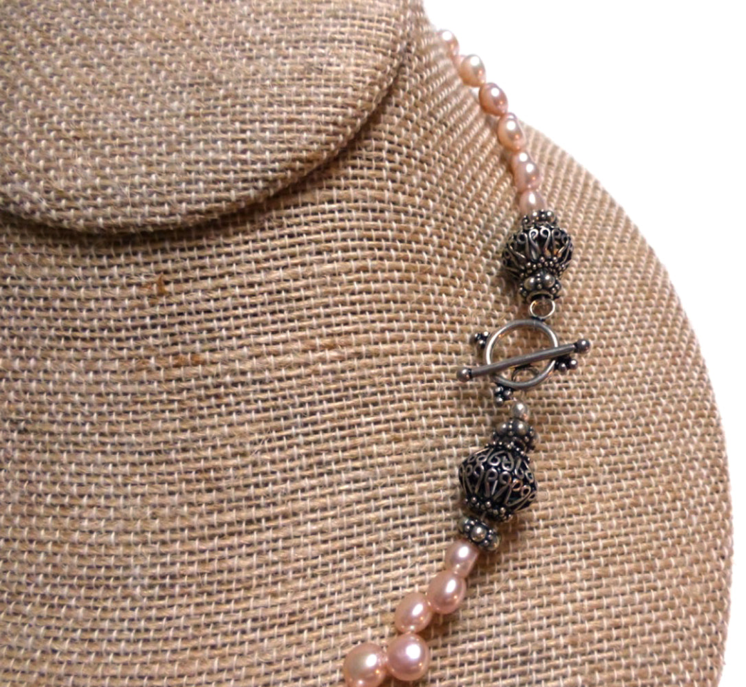 STERLING SILVER PINK FRESHWATER PEARL SUNSTONE NECKLACE - PURE HEART TALISMAN