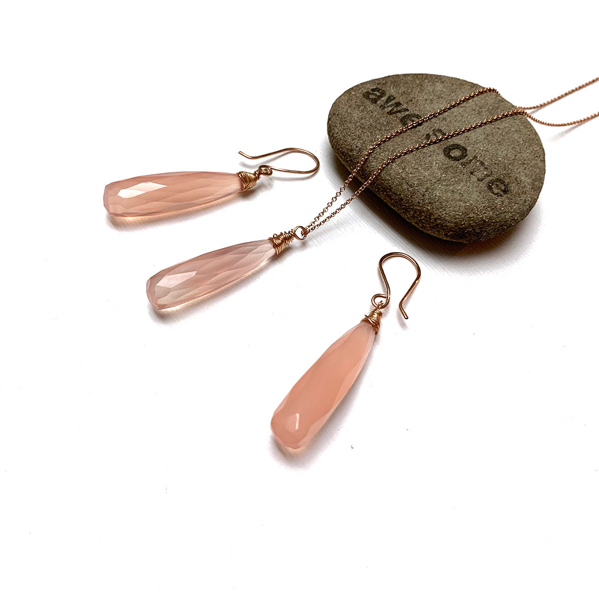 CHALCEDONY LONG DROP NECKLACE EARRINGS (SS/GF/RGF) - GOOD WILL TALISMAN