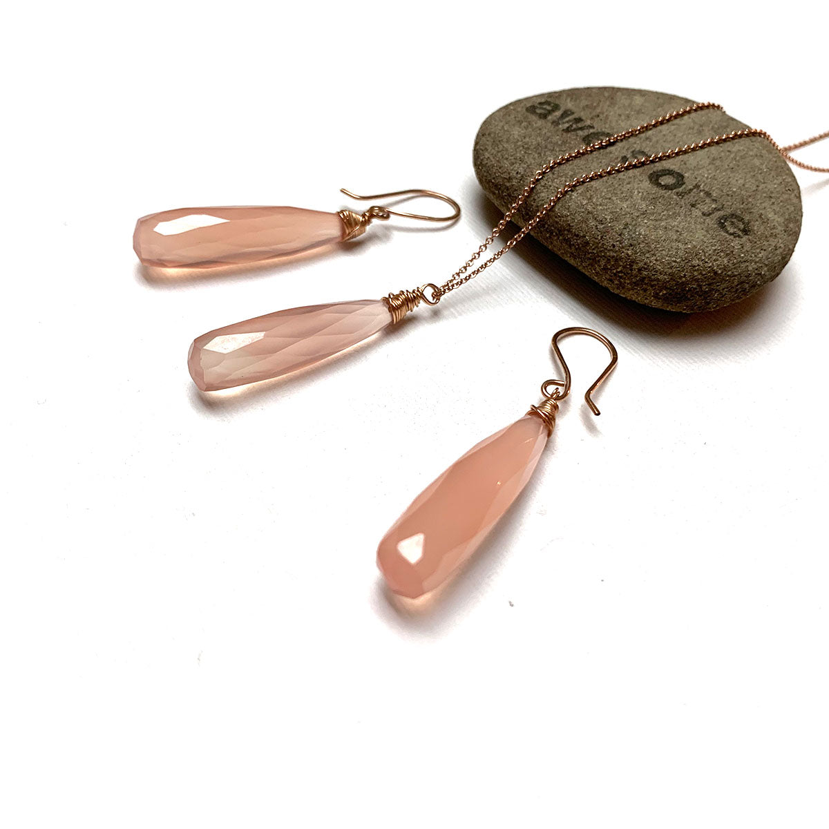 CHALCEDONY LONG DROP NECKLACE EARRINGS (SS/GF/RGF) - GOOD WILL TALISMAN