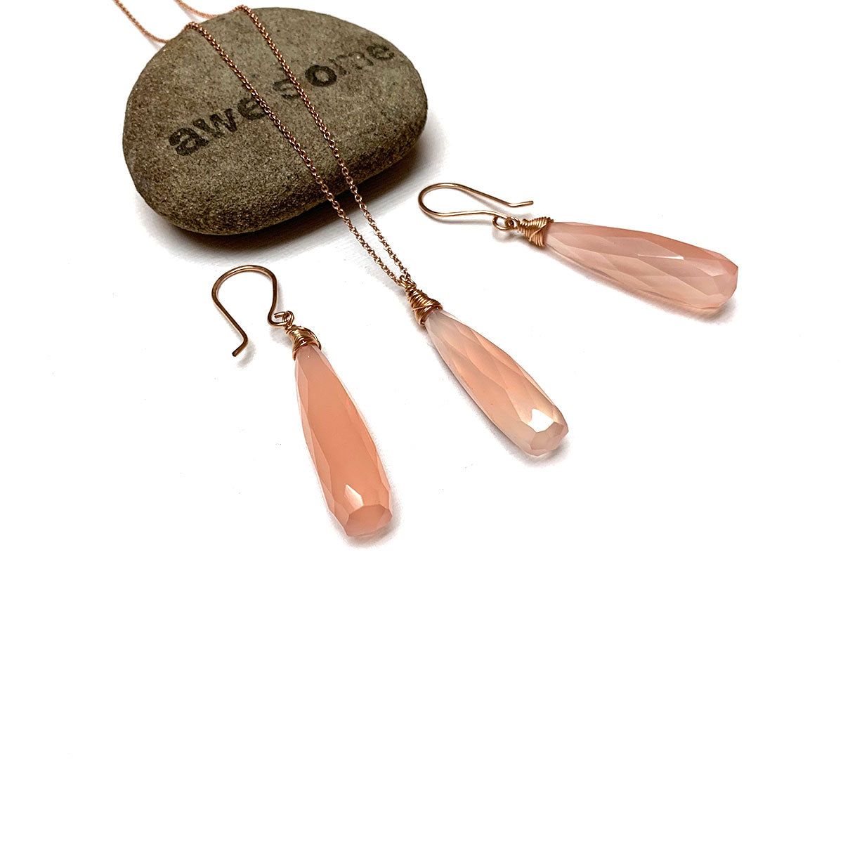 CHALCEDONY LONG DROP NECKLACE EARRINGS (SS/GF/RGF) - GOOD WILL TALISMAN