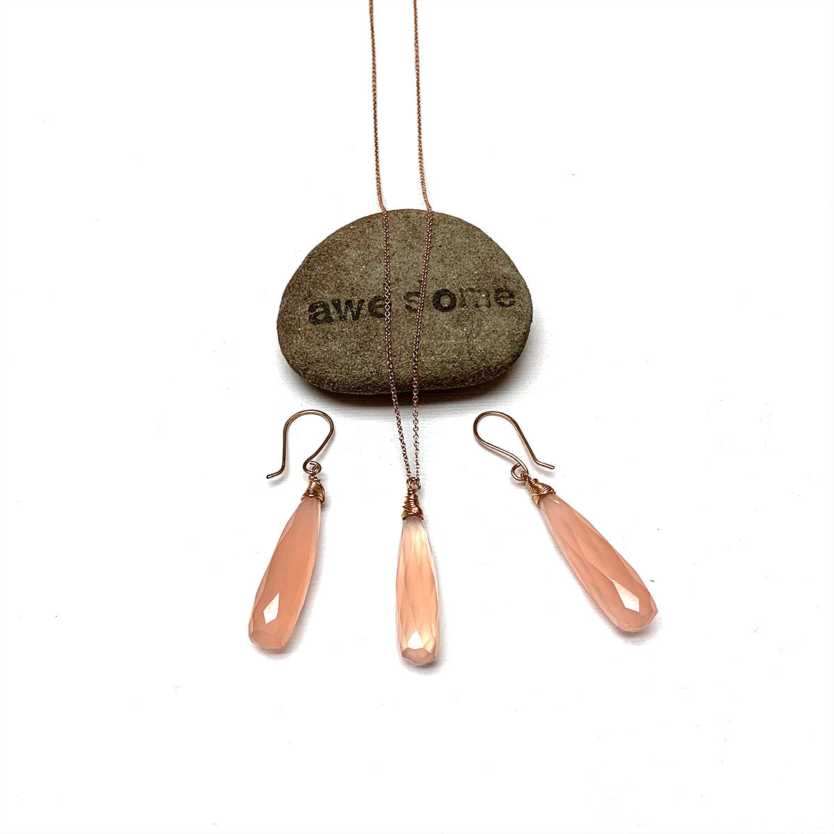 CHALCEDONY LONG DROP NECKLACE EARRINGS (SS/GF/RGF) - GOOD WILL TALISMAN