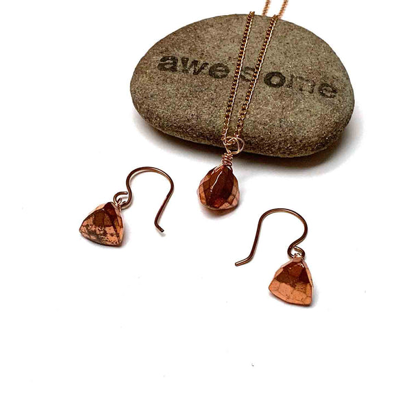 ROSE GOLD FILLED COPPER TITANIUM PYRITE TRILLION CUT NECKLACE EARRINGS - STAY FOCUSSED TALISMAN