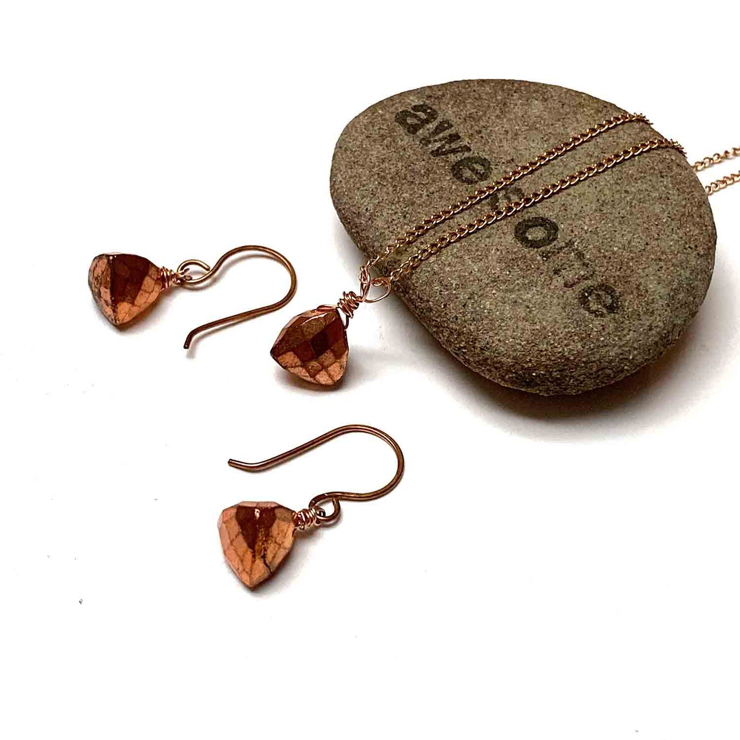 ROSE GOLD FILLED COPPER TITANIUM PYRITE TRILLION CUT NECKLACE EARRINGS - STAY FOCUSSED TALISMAN
