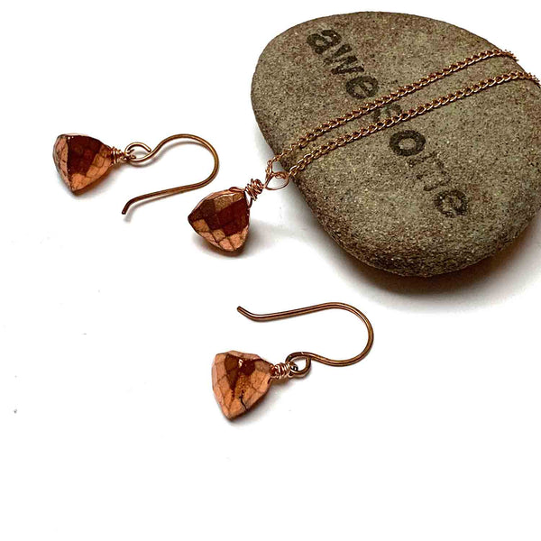 ROSE GOLD FILLED COPPER TITANIUM PYRITE TRILLION CUT NECKLACE EARRINGS - STAY FOCUSSED TALISMAN