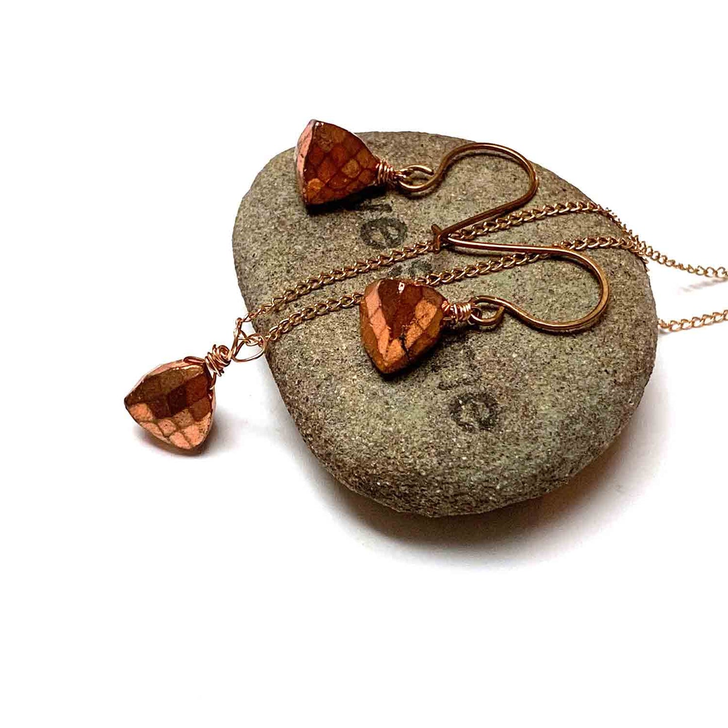 ROSE GOLD FILLED COPPER TITANIUM PYRITE TRILLION CUT NECKLACE EARRINGS - STAY FOCUSSED TALISMAN