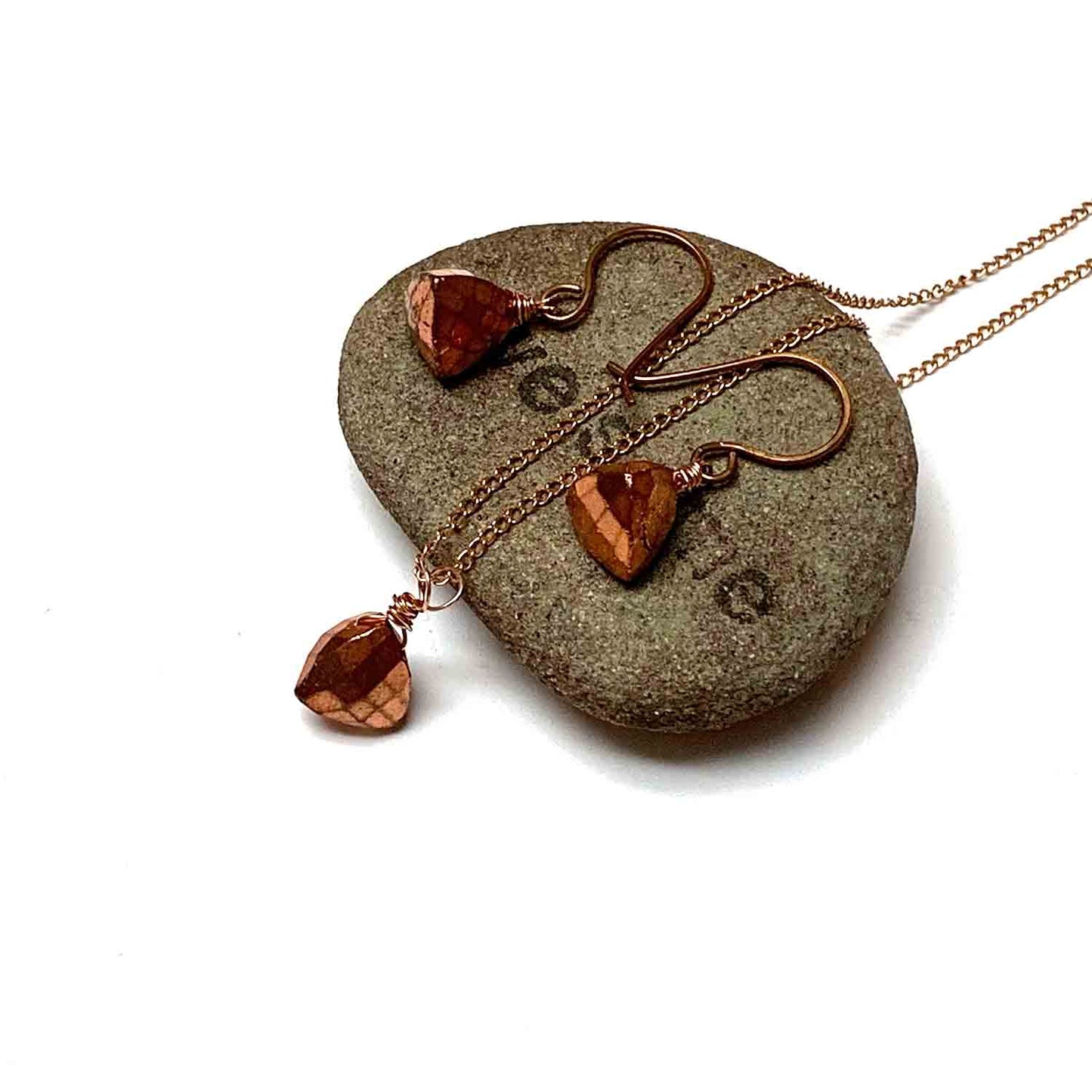 ROSE GOLD FILLED COPPER TITANIUM PYRITE TRILLION CUT NECKLACE EARRINGS - STAY FOCUSSED TALISMAN