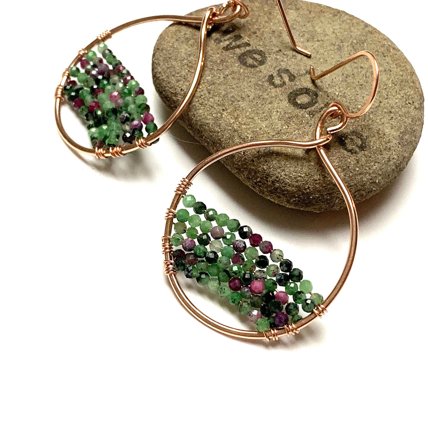 GEMSTONE BEADED OVAL HOOP EARRINGS - GEMSTONE TALISMAN EARRINGS