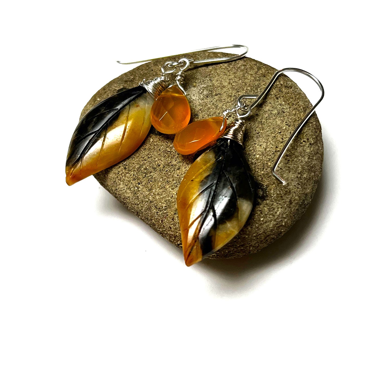 STERLING SILVER CARVED AMAZONITE CARNELIAN LEAF EARRINGS - FIND YOUR TRUTH TALISMAN