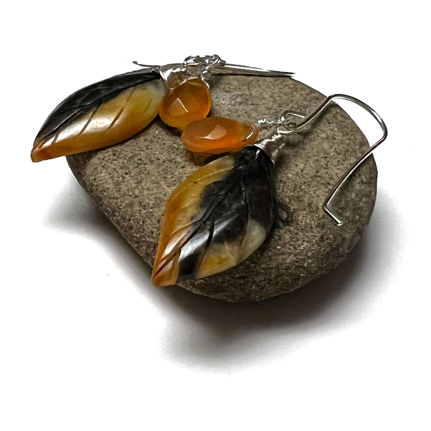 STERLING SILVER CARVED AMAZONITE CARNELIAN LEAF EARRINGS - FIND YOUR TRUTH TALISMAN