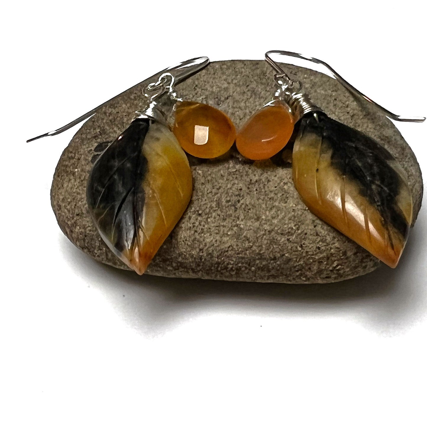 STERLING SILVER CARVED AMAZONITE CARNELIAN LEAF EARRINGS - FIND YOUR TRUTH TALISMAN
