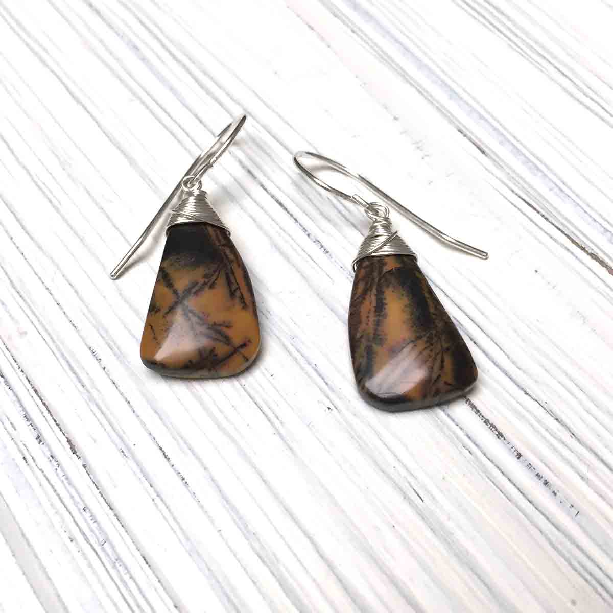 STERLING SILVER BLACK FEATHER AGATE EARRINGS - ABUNDANCE TALISMAN