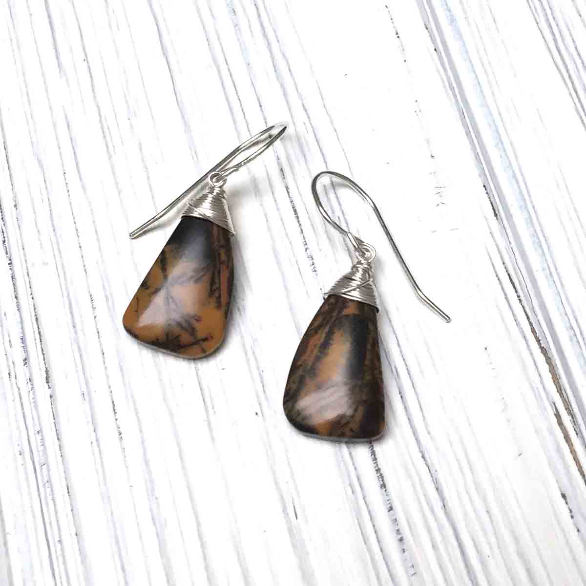 STERLING SILVER BLACK FEATHER AGATE EARRINGS - ABUNDANCE TALISMAN