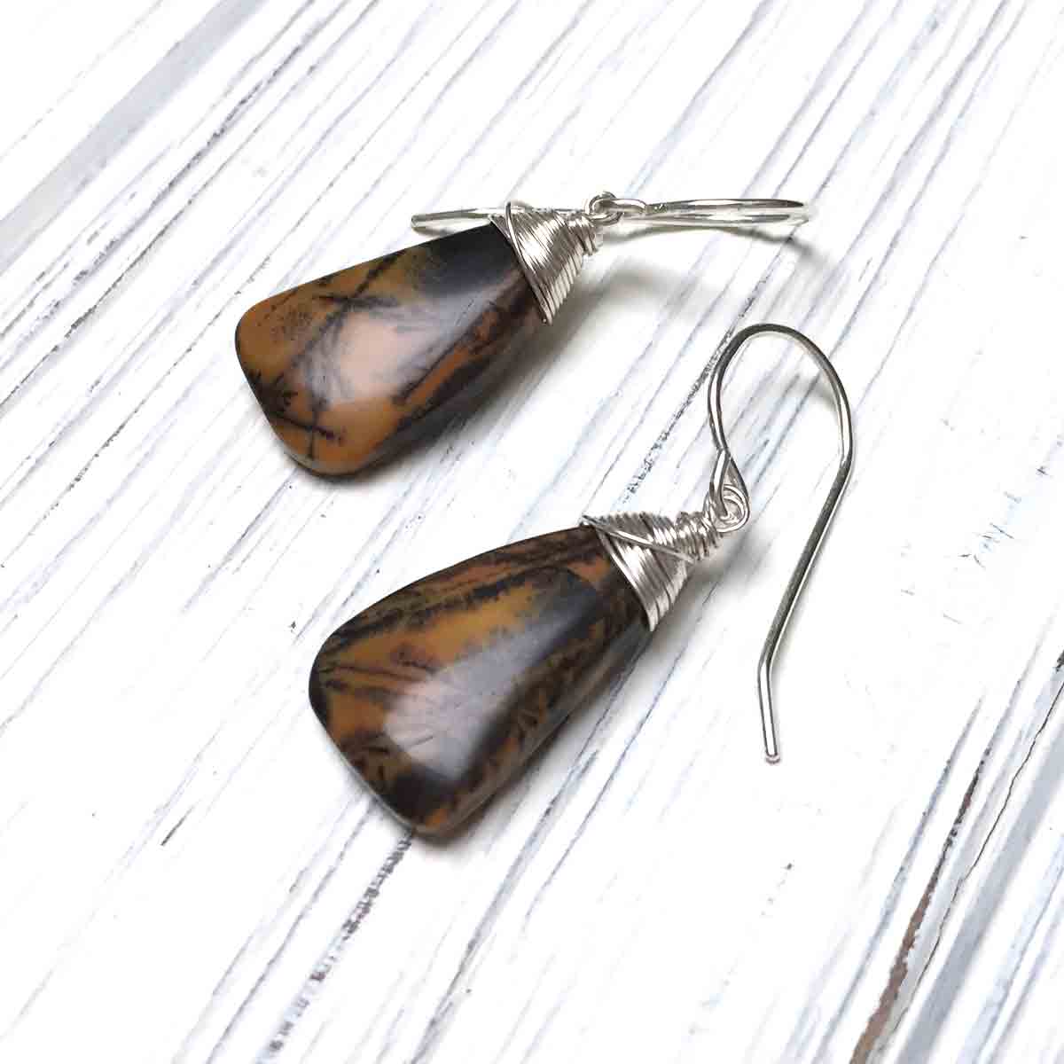 STERLING SILVER BLACK FEATHER AGATE EARRINGS - ABUNDANCE TALISMAN