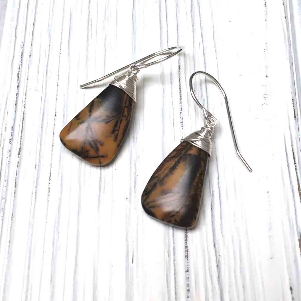 STERLING SILVER BLACK FEATHER AGATE EARRINGS - ABUNDANCE TALISMAN