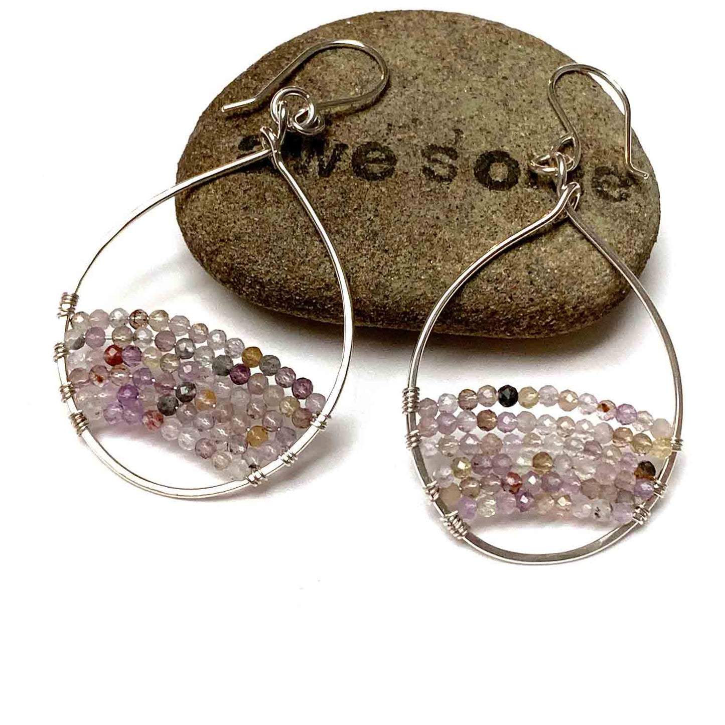 GEMSTONE BEADED OVAL HOOP EARRINGS - GEMSTONE TALISMAN EARRINGS