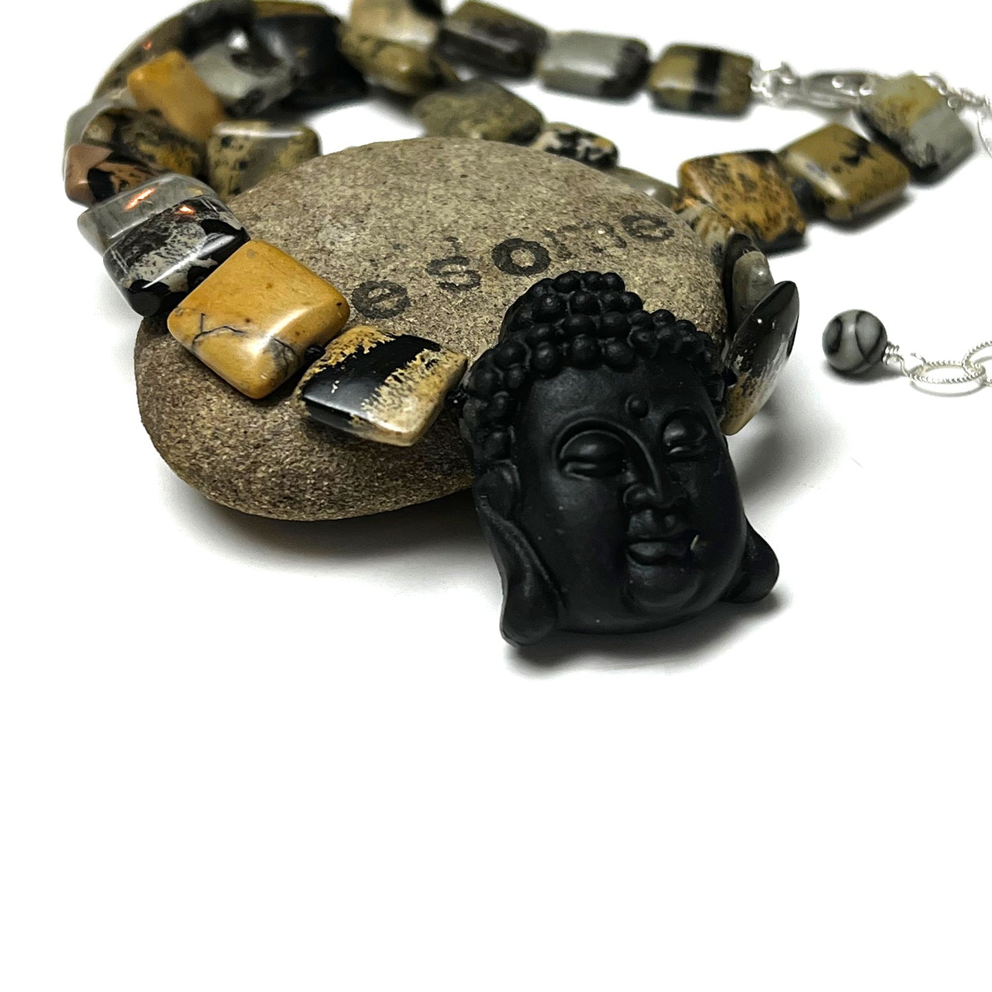 STERLING SILVER OBSIDIAN CARVED BUDDHA NECKLACE - LIGHT INTO DARKNESS TALISMAN