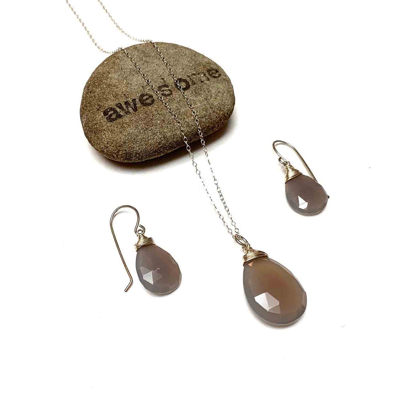 CHALCEDONY LONG DROP NECKLACE EARRINGS (SS/GF/RGF) - GOOD WILL TALISMAN