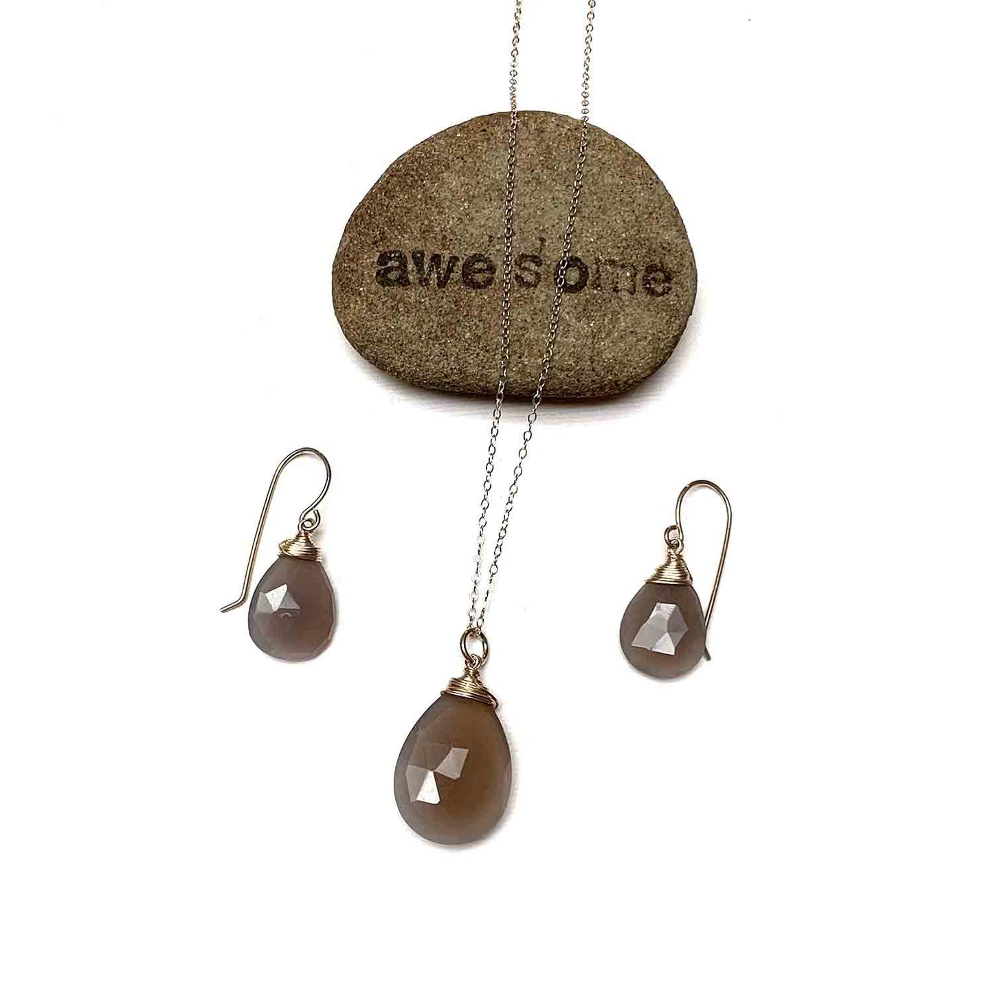 CHALCEDONY LONG DROP NECKLACE EARRINGS (SS/GF/RGF) - GOOD WILL TALISMAN