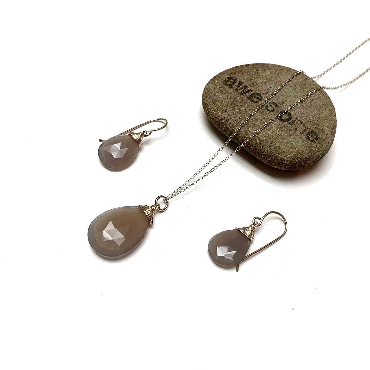 CHALCEDONY LONG DROP NECKLACE EARRINGS (SS/GF/RGF) - GOOD WILL TALISMAN